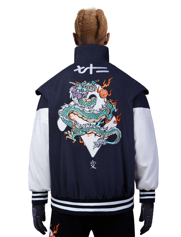 Blue Resting Dragon Embroidery Varsity Jacket