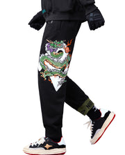 Pantalones deportivos negros con bordado de dragón de nube