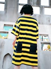 Women's Zebra Yellow Stripes Denim Patchwork Oversized Tee - Exertion Inc