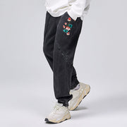 Flowers of Peace Embroidery Denim Joggers