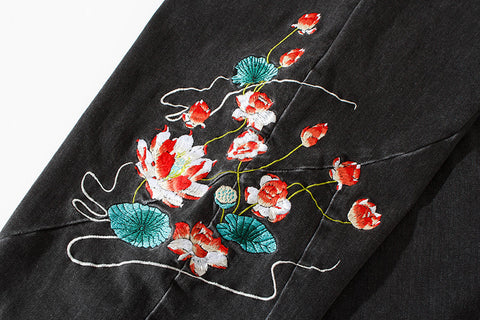 Flowers of Peace Embroidery Denim Joggers