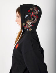Sudadera con capucha y bordado de dragón de fuego volador para mujer