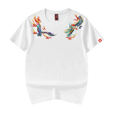 Camiseta con bordado de dragones de fuego voladores